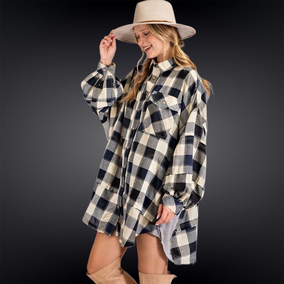 EASEL "Picnic Flannel" Oversize Cotton Shirt Dress Wide Sleeve Pockets Raw Seams - Picture 6 of 15